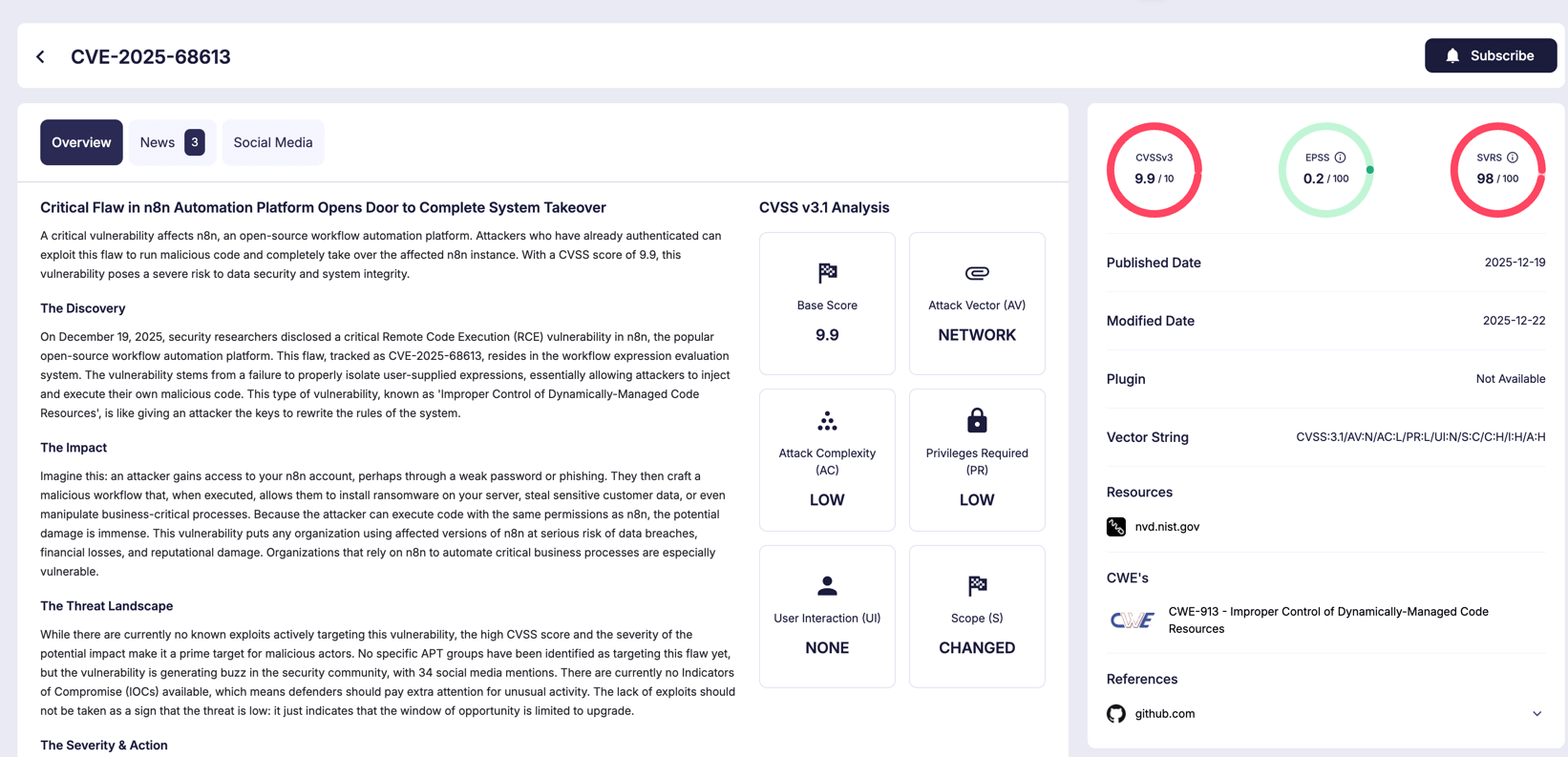Vulnerability card of CVE-2025-68613, SOCRadar Vulnerability Intelligence