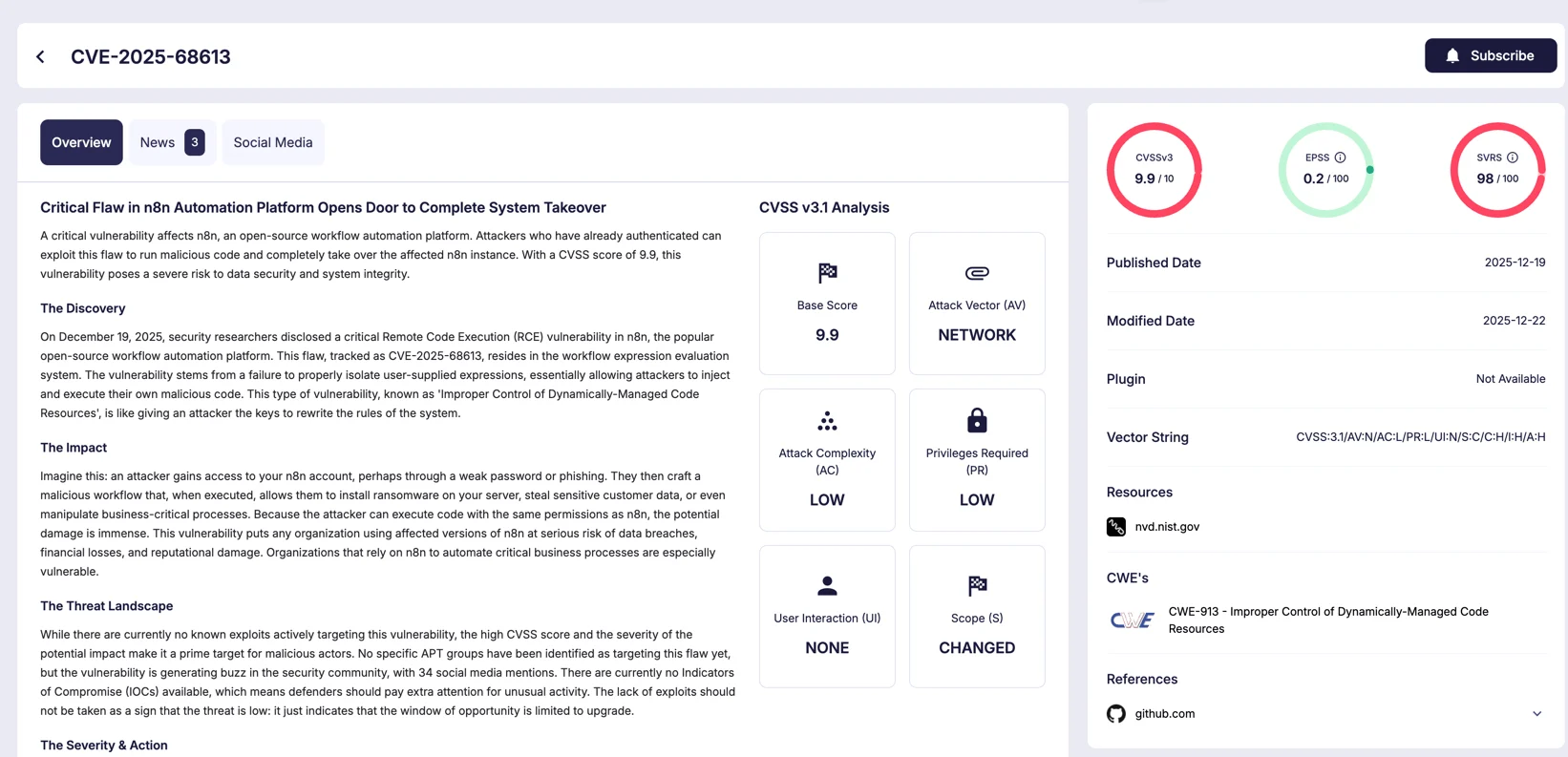 Vulnerability card of CVE-2025-68613, SOCRadar Vulnerability Intelligence