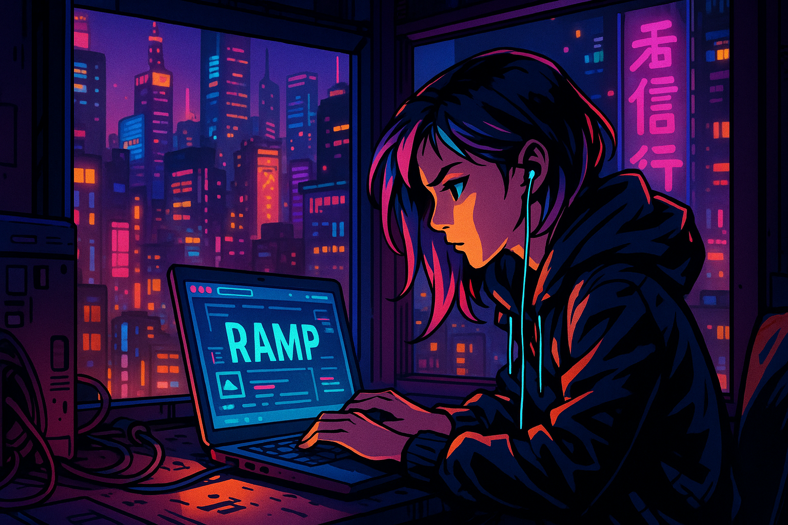 illustration of a female hacker working on a laptop in a neon-lit city.
