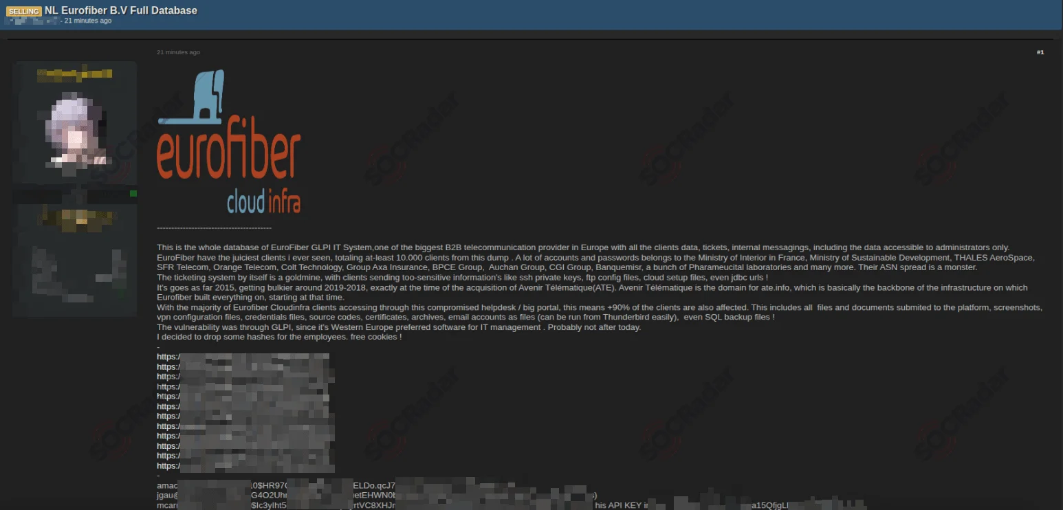 Threat actor’s post about the Eurofiber breach (SOCRadar Dark Web News)