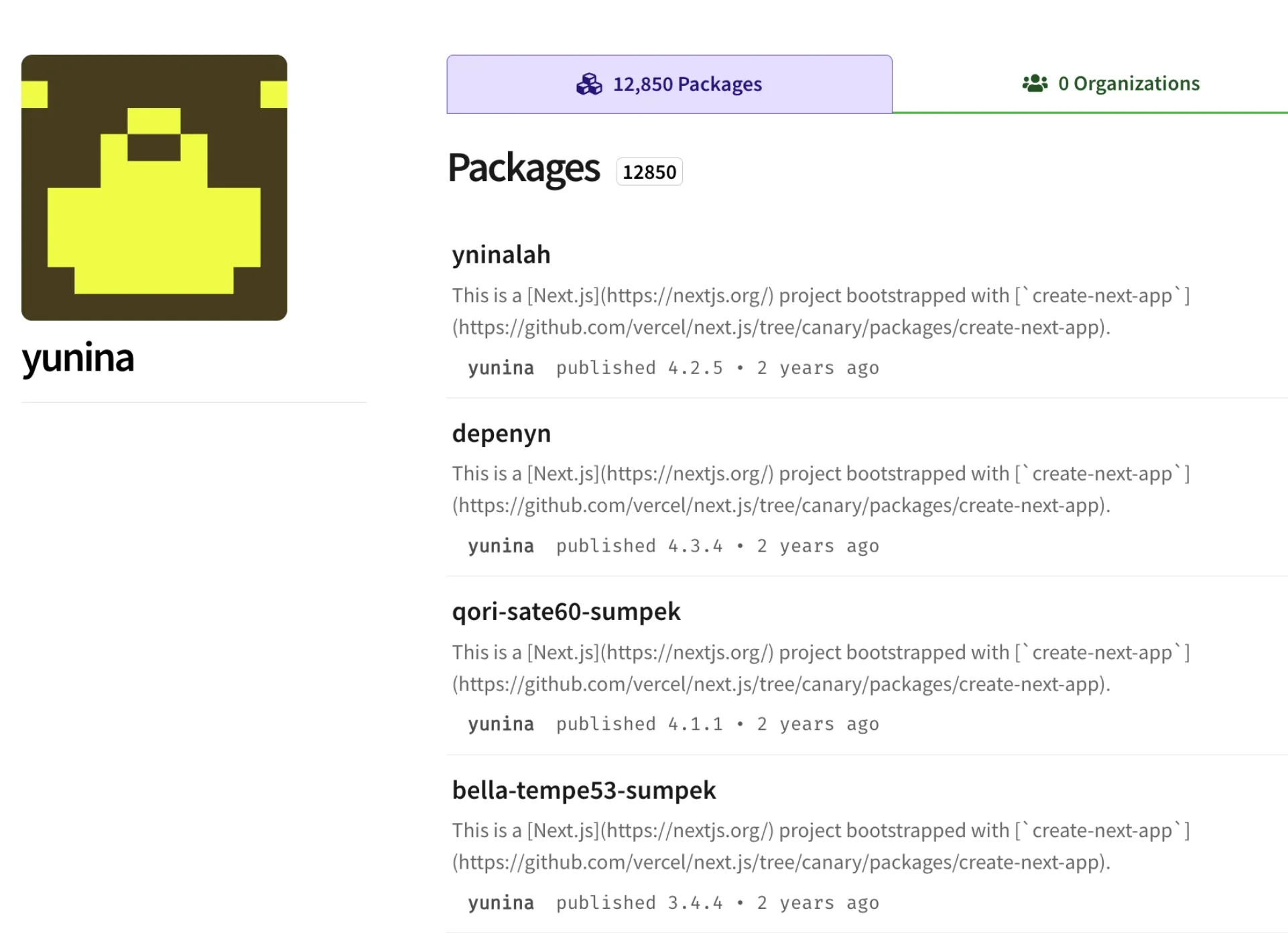 One npm profile displays 12,850 spam packages