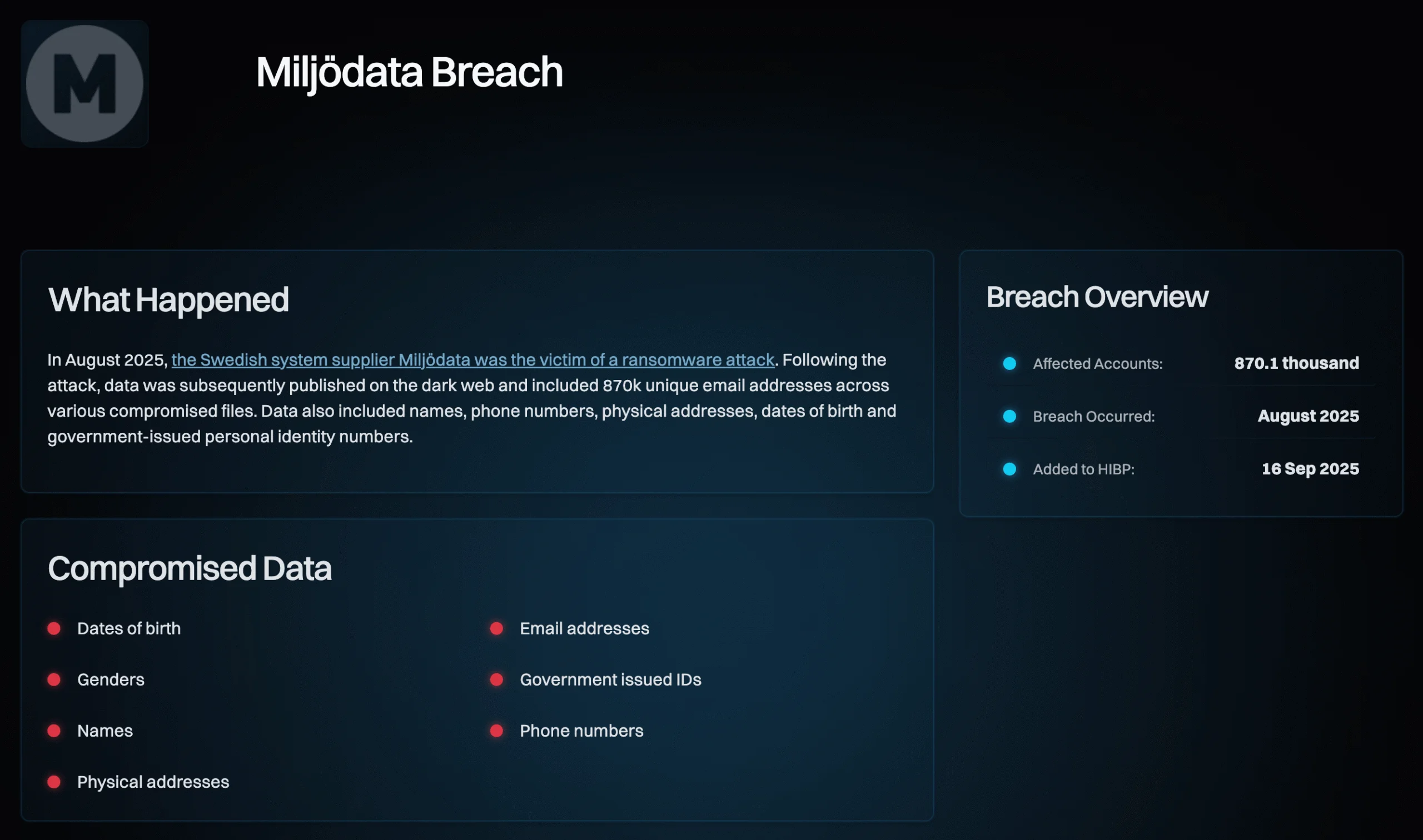 Miljödata breach details (HIBP)
