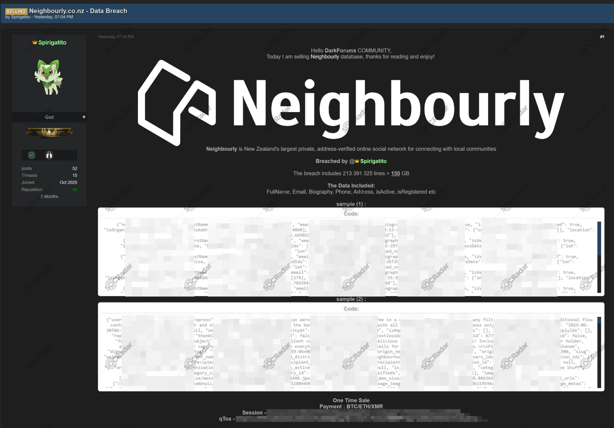 The Alleged Database of Neighbourly is on Sale