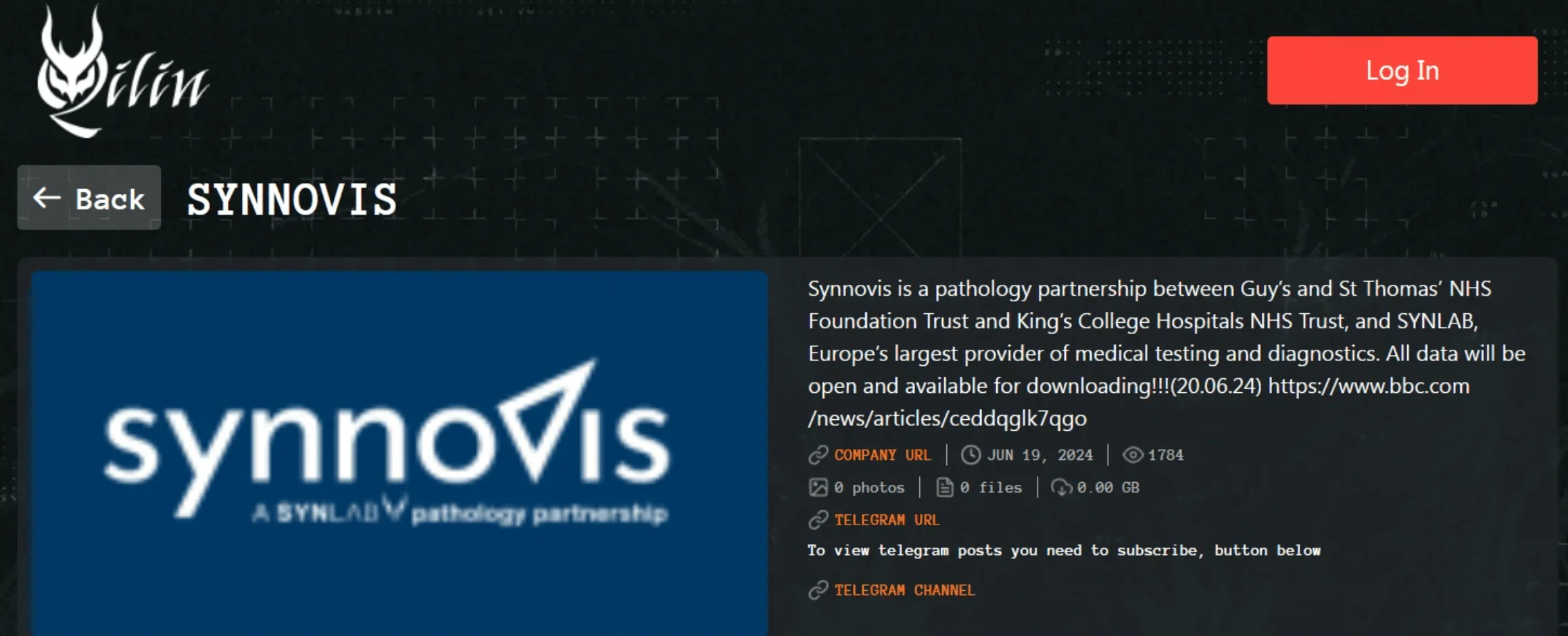 Qilin’s victim listing of Synnovis