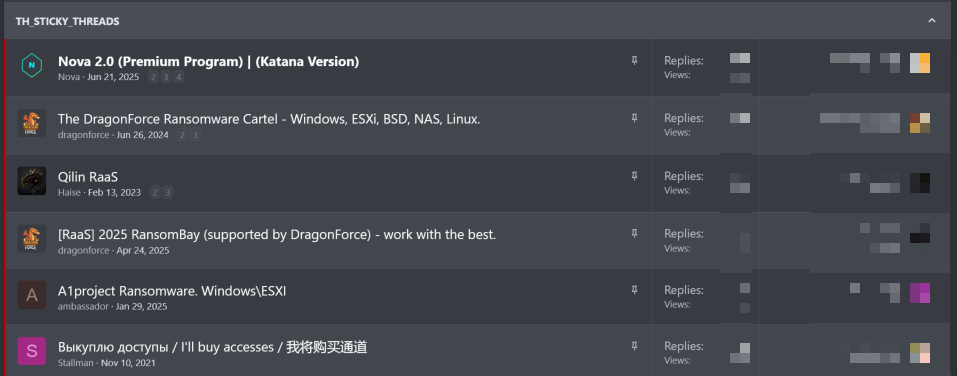 Pinned threads on the RAMP forum featuring ransomware programs and access sales.