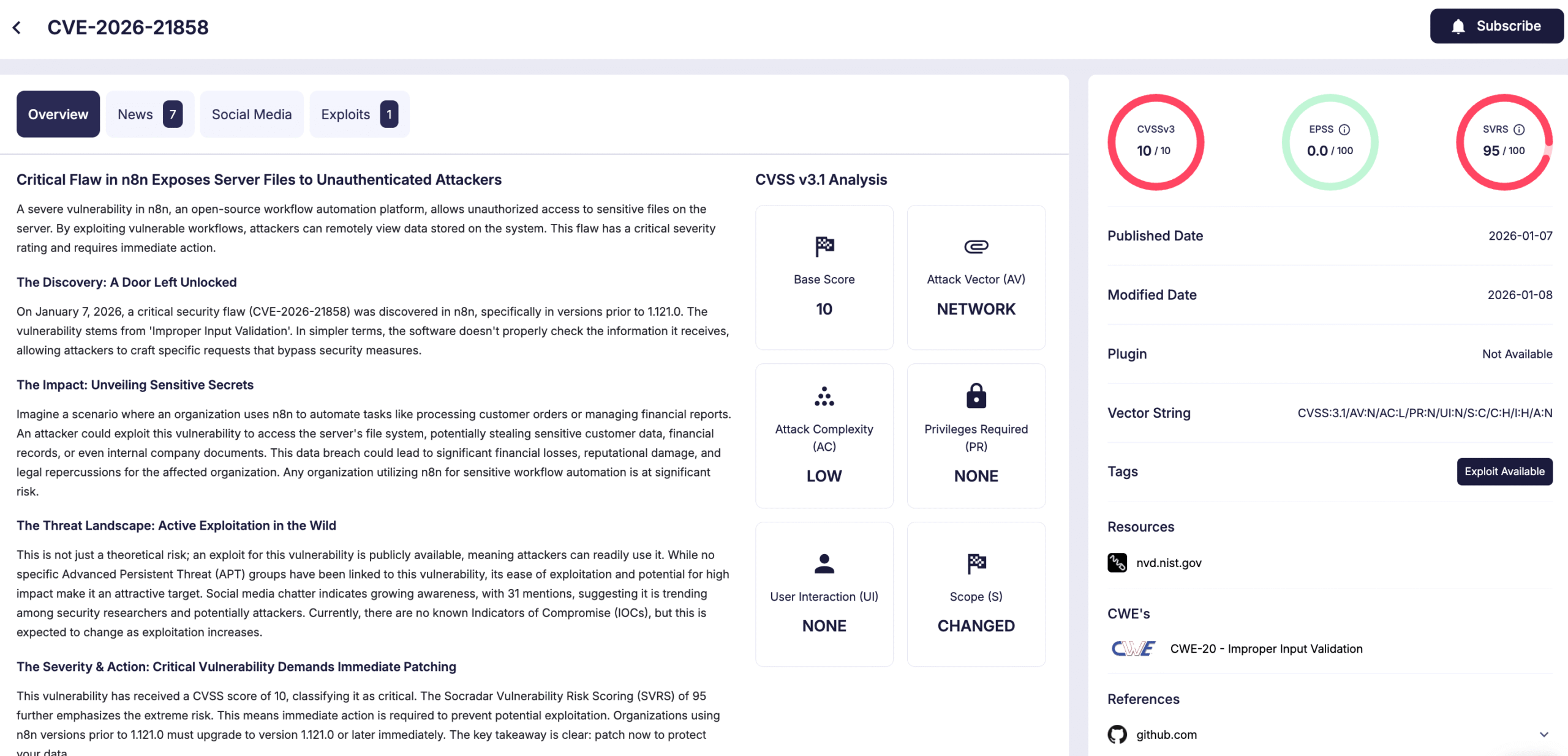 CVE-2026-21858 (SOCRadar Vulnerability Intelligence)