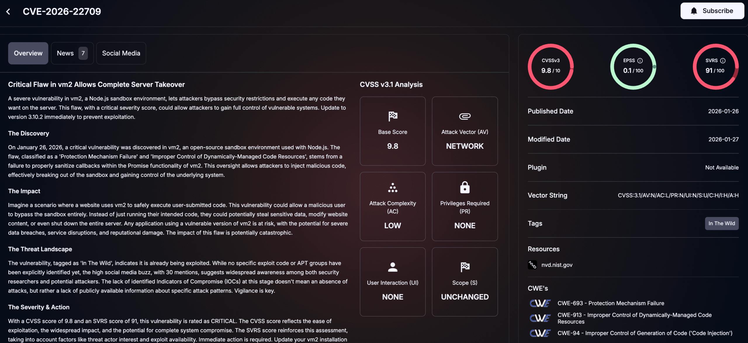 Details of CVE-2026-22709 (SOCRadar Vulnerability Intelligence)