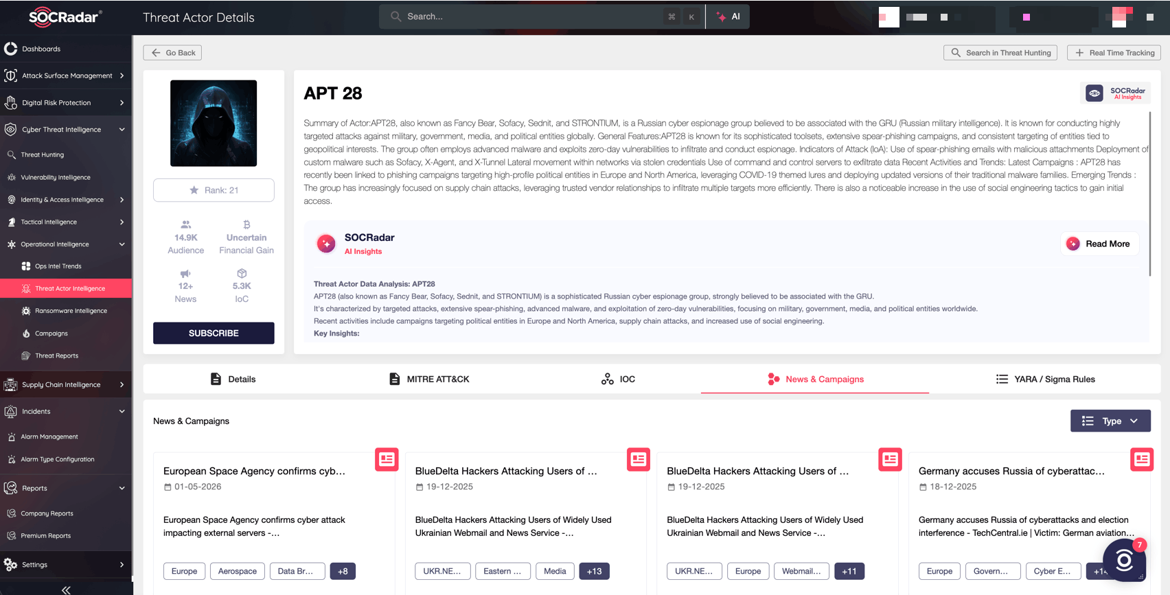 Threat actor details of APT28, SOCRadar Cyber Threat Intelligence module 