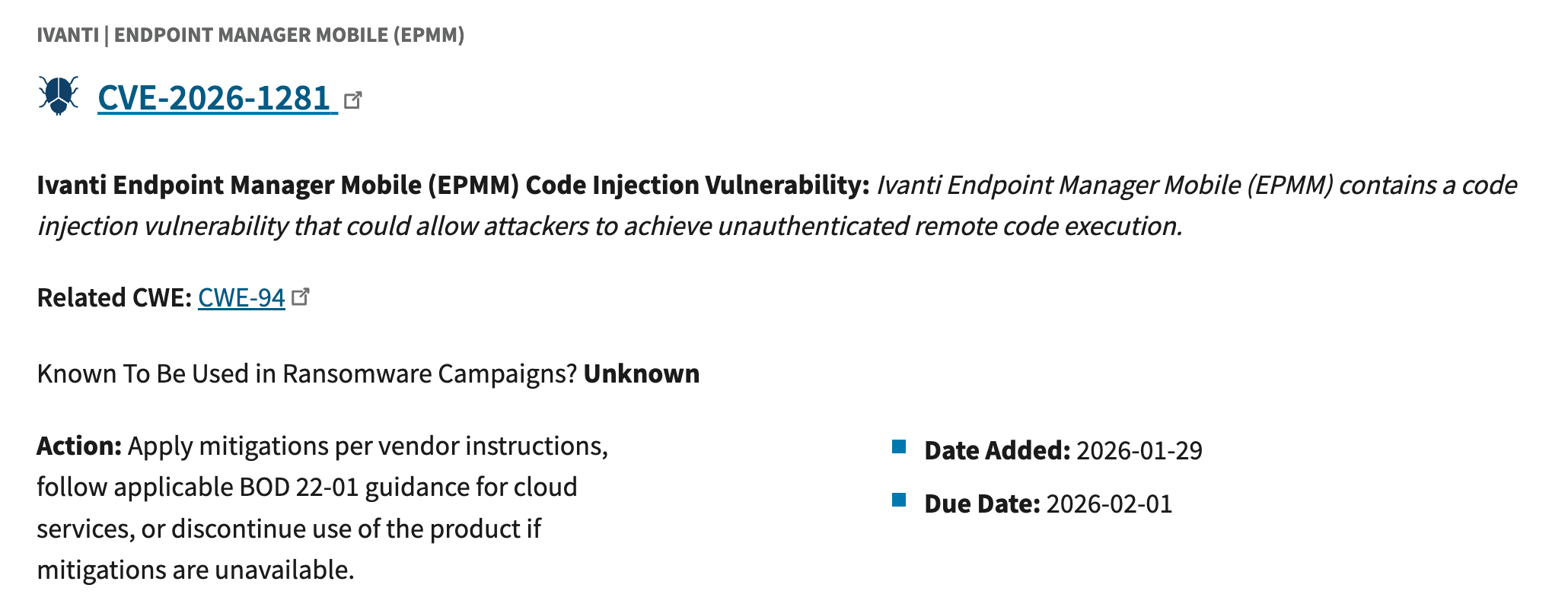 CISA KEV listing for the Ivanti EPMM zero-day