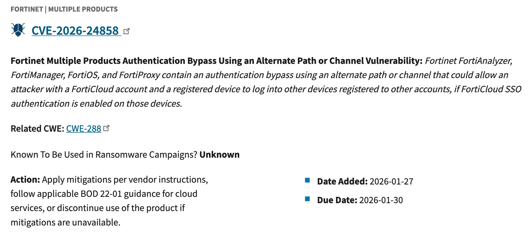 CISA KEV listing for CVE-2026-24858