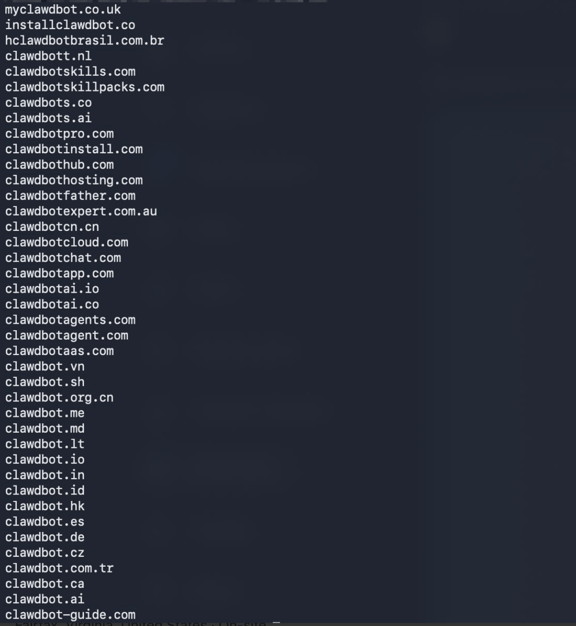 Newly registered domains containing the “clawd” keyword, highlighting early indicators of potential phishing and brand-impersonation activity.
