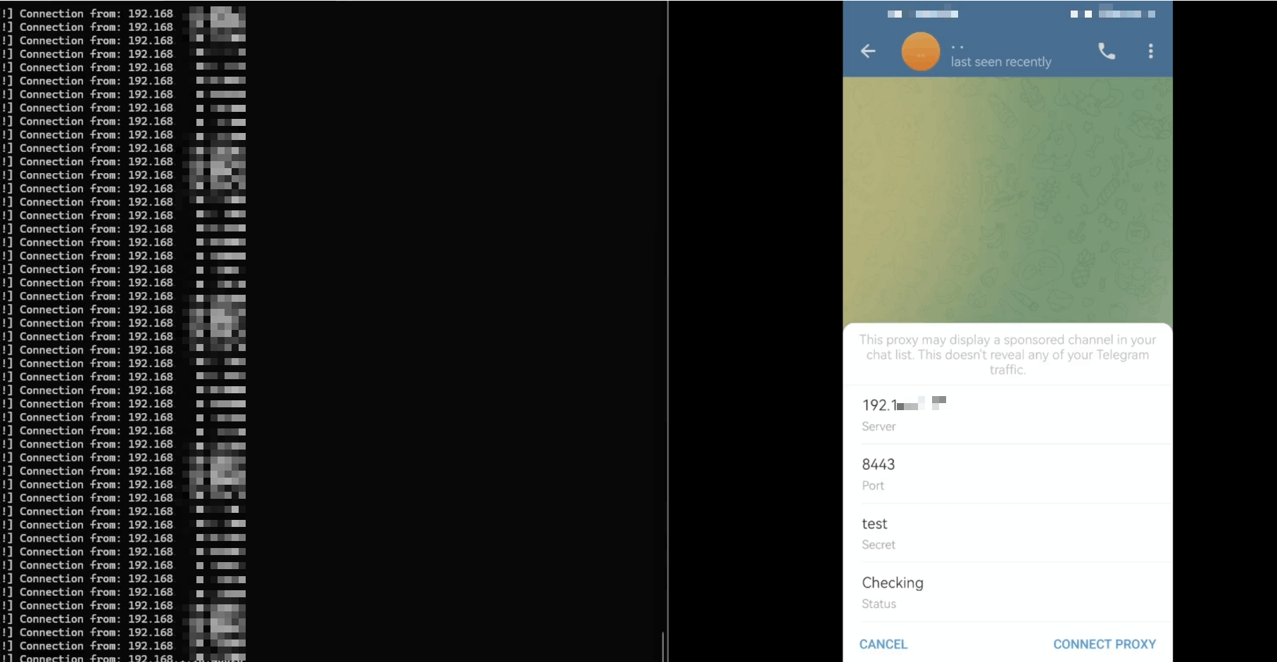A split-screen demonstration of the Telegram IP leak (Source: X)