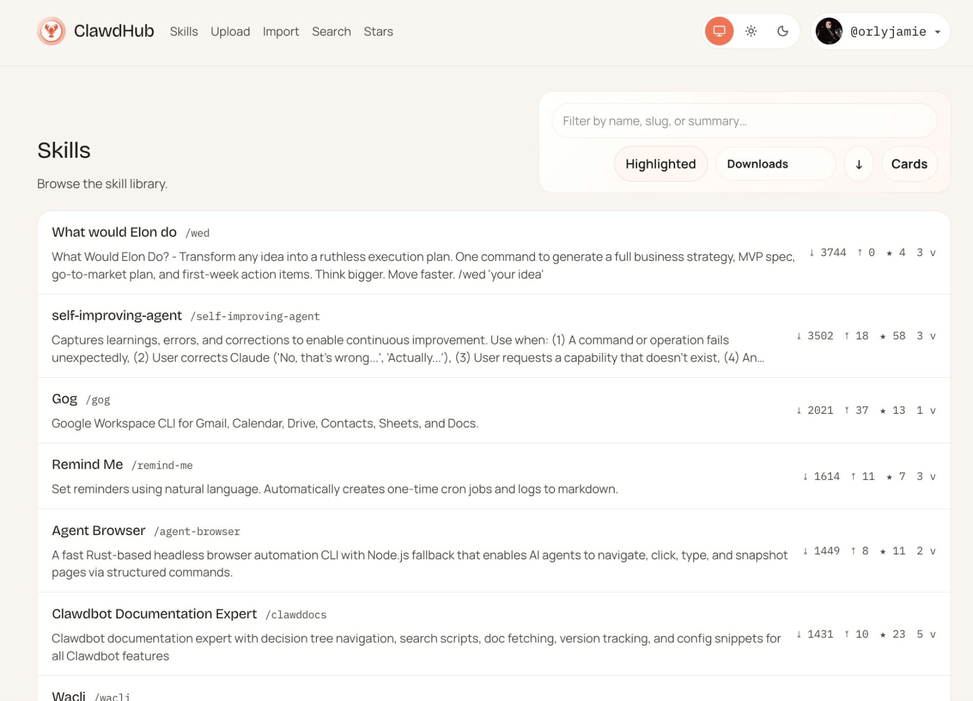 ClawdHub skill registry showing multiple Clawdbot skills with inflated download counts, highlighting potential supply chain risks in AI agent ecosystems.