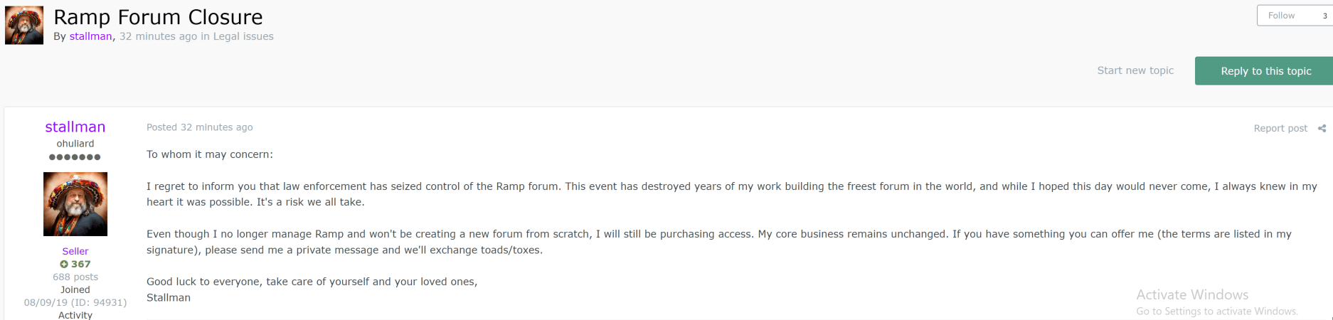 Forum shutdown announcement posted by RAMP administrator Stallman following law enforcement seizure.