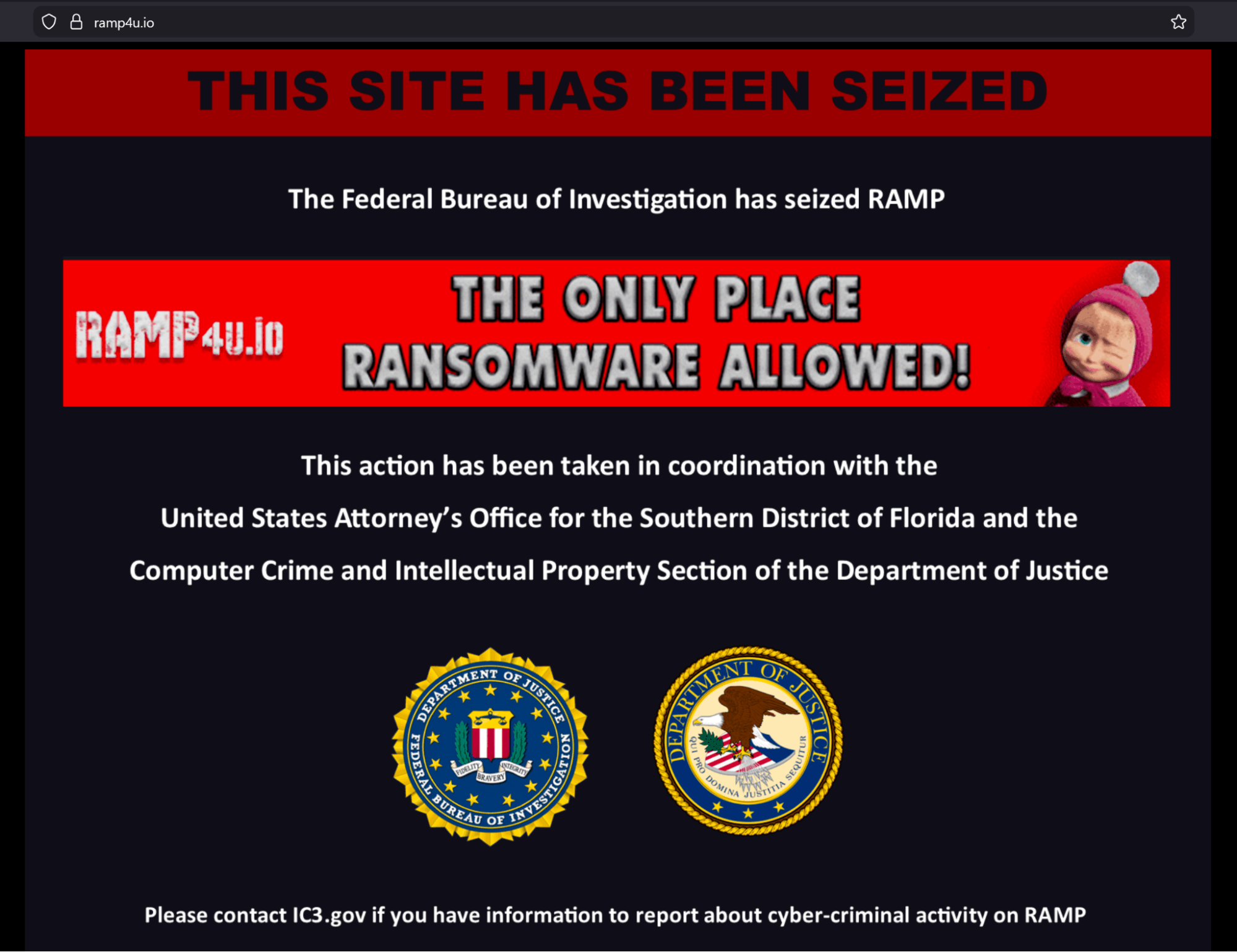 Seizure banner indicating that the RAMP forum was taken down by the FBI and the U.S. Department of Justice.