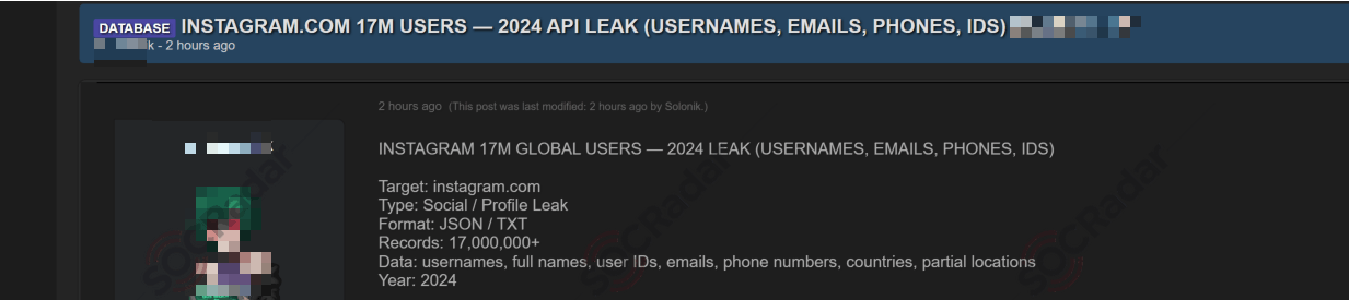 Alleged Global User Data of Instagram are Leaked
