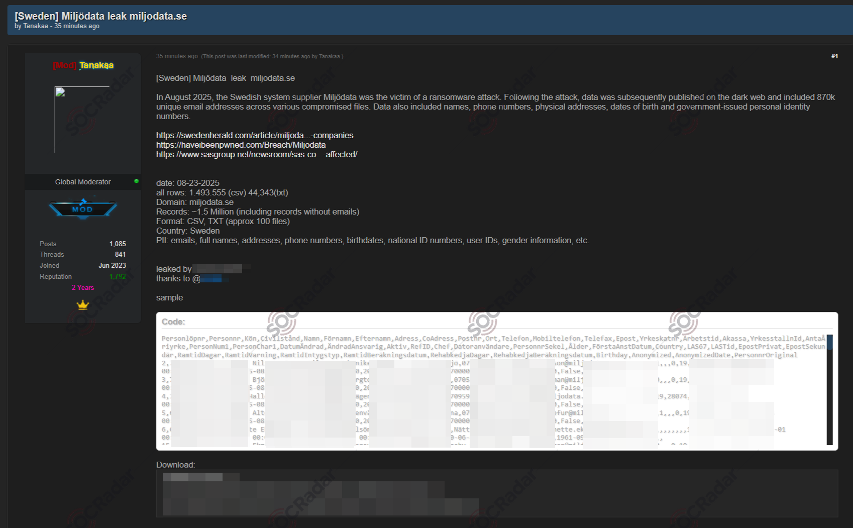 Alleged data leaked in the data leak site(DLS) of the threat actor and subsequently in hacker forums. 