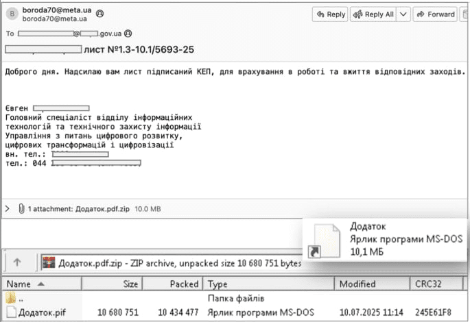 Phishing email sent from a hijacked official account, delivering LameHug malware (CERT-UA)