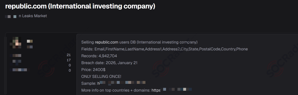 Alleged Database of Republic Is on Sale