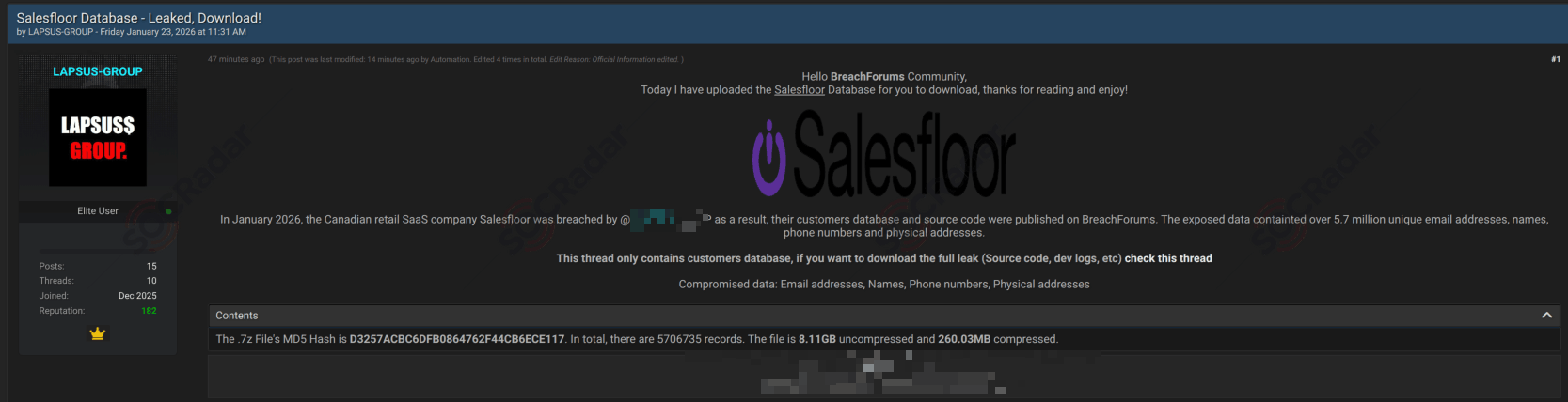 Alleged Data of Salesfloor Are Leaked