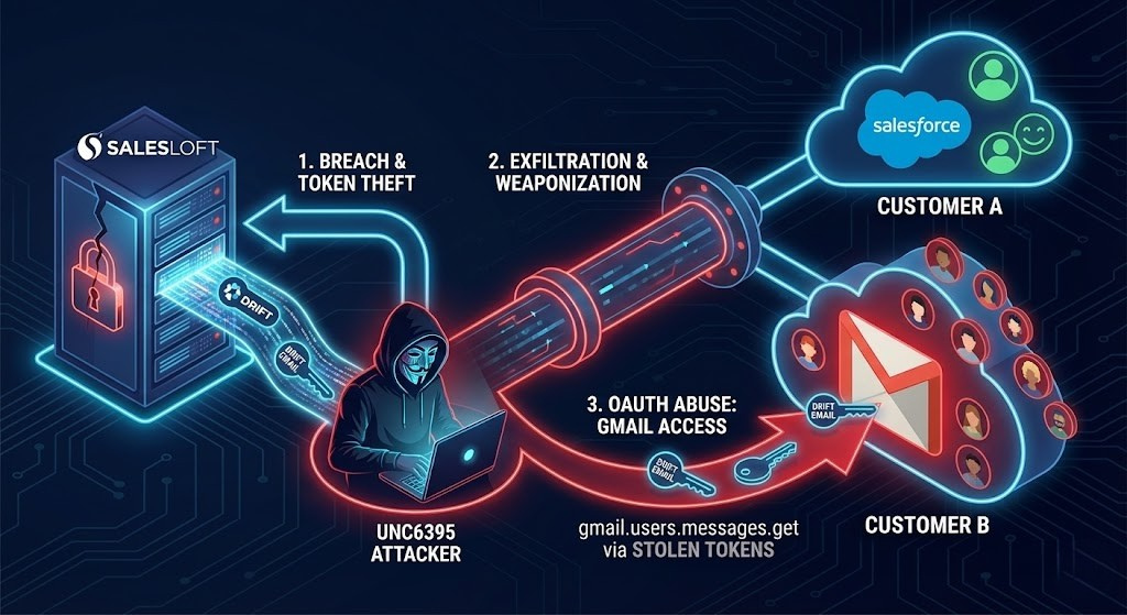 Attackers stole trusted OAuth tokens at the integration layer, reused them via APIs, and accessed CRM and email data across multiple customer organizations without exploiting Salesforce itself.