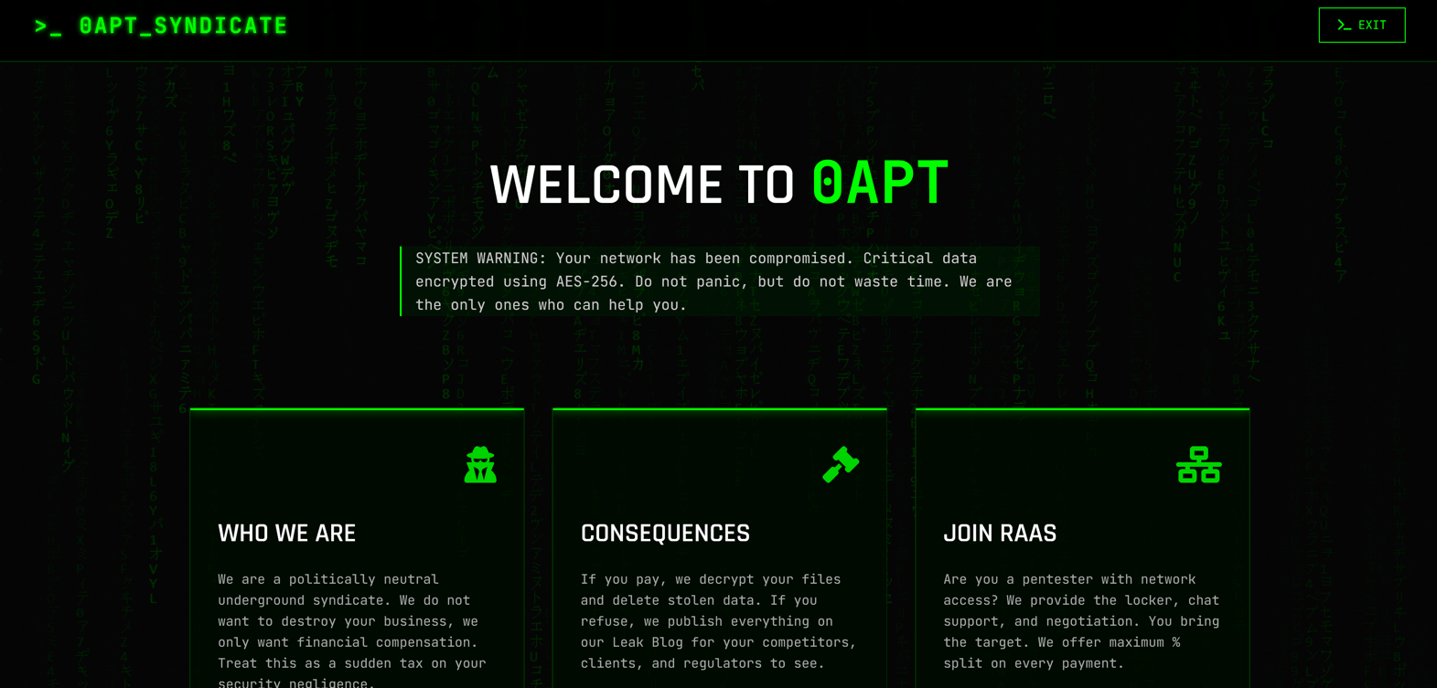 0APT Ransomware’s DLS site, About us tab