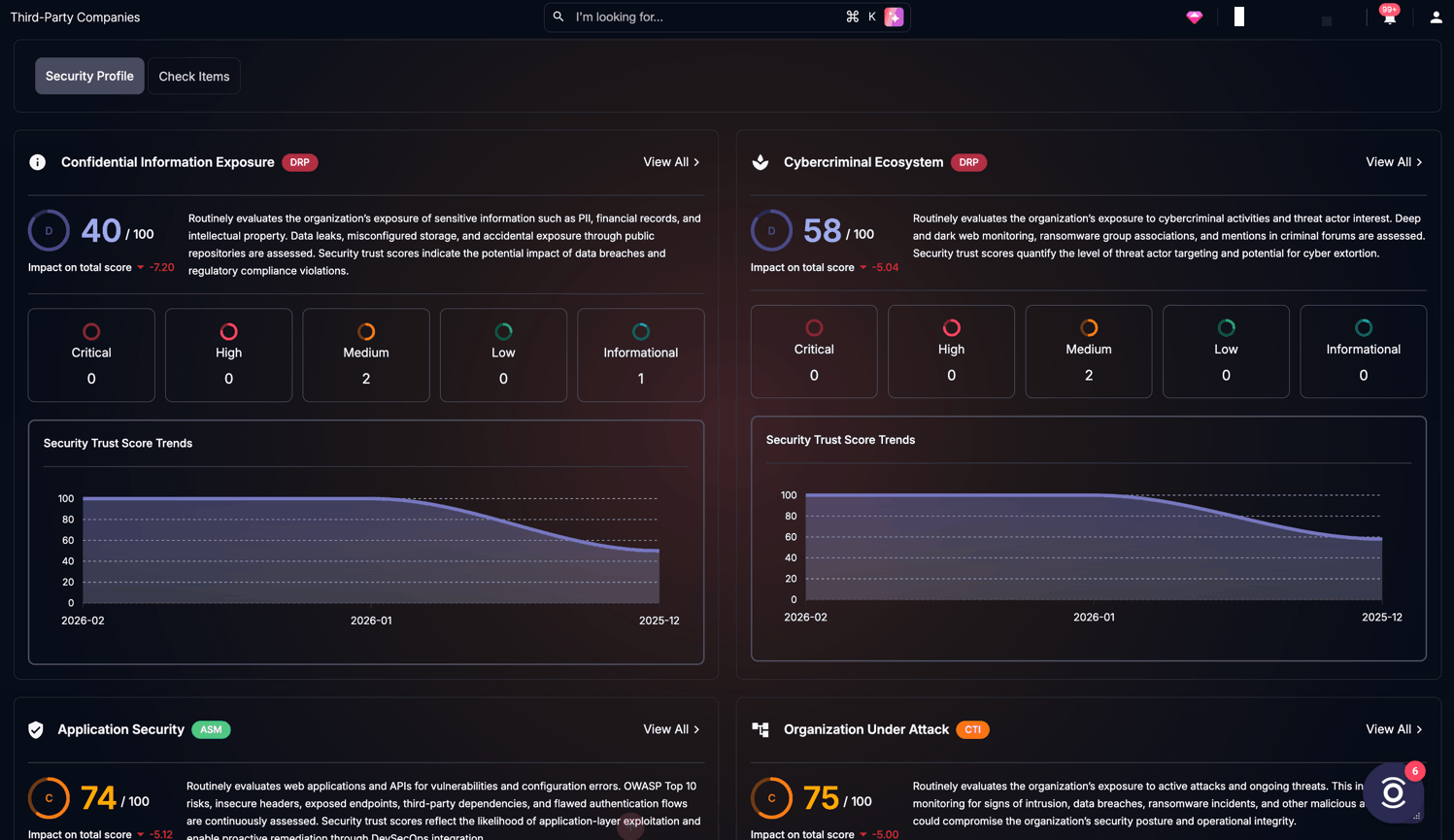 Third-Party Risk Categories and Trend Analysis – A breakdown of risk categories such as confidential data exposure, cybercriminal activity, application security, and active threats, along with historical score trends. This helps teams track how vendor risk evolves over time rather than relying on point-in-time assessments.