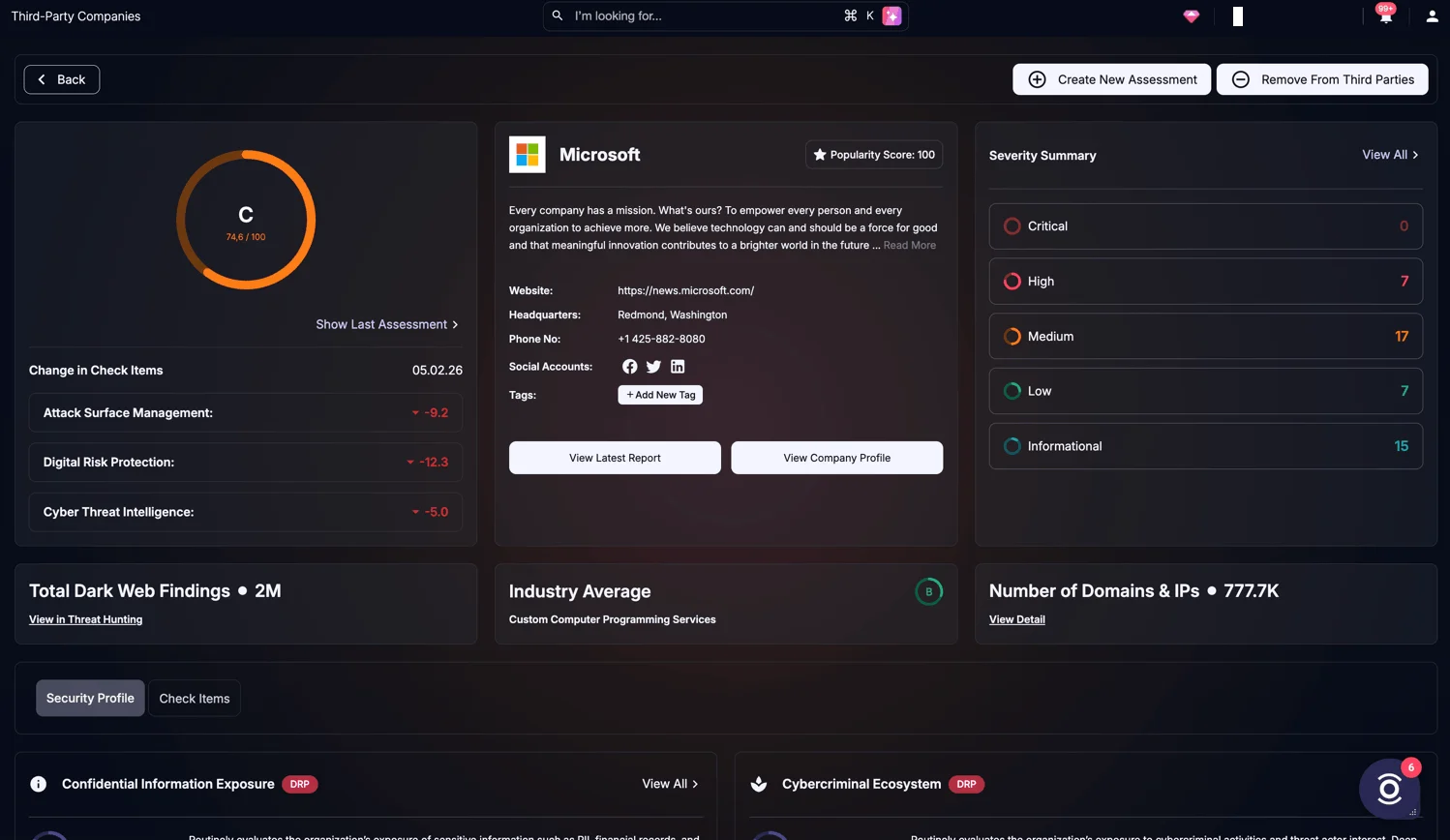 Individual Third-Party Company Profile and Risk Summary – A detailed profile of a single supplier, combining popularity, security trust score, severity breakdown, and recent changes in risk posture. This view supports deeper investigation into why a vendor is classified as higher or lower risk., Microsoft