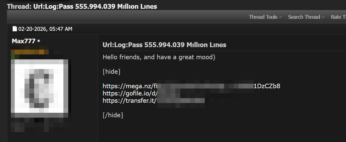Forum post advertising 555M URL:Log:Pass dataset