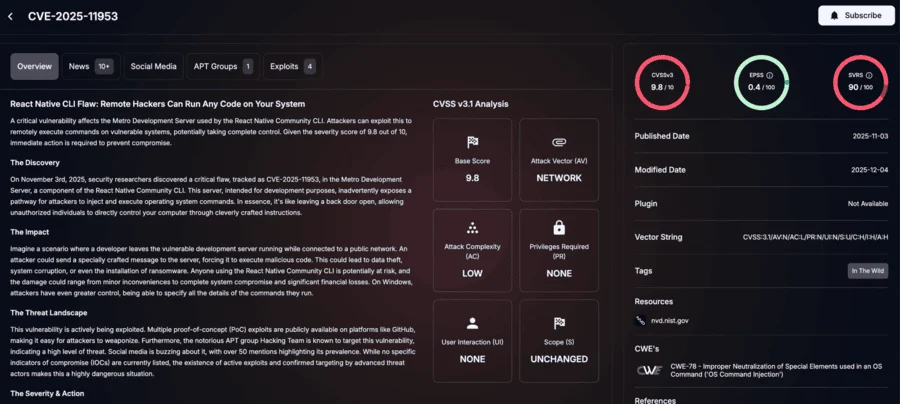 Details of CVE-2025-11953 (SOCRadar Vulnerability Intelligence)
