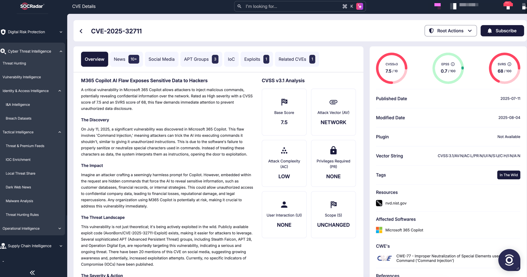CVE Details of CVE-2025-32711, SOCRadar Vulnerability Intelligence
