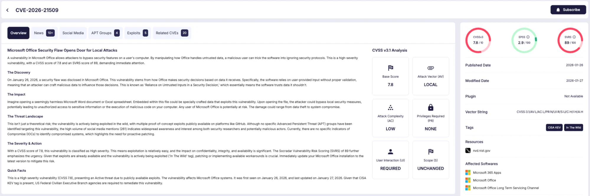 Details of CVE-2026-21509 (SOCRadar Vulnerability Intelligence)