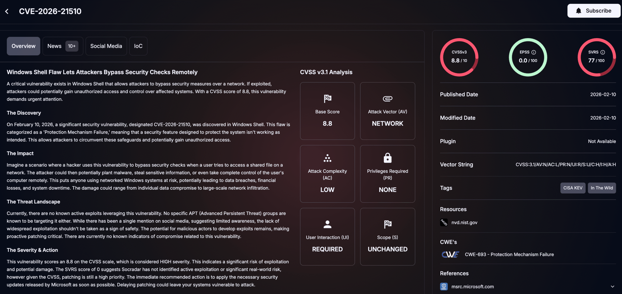 Details of CVE-2026-21510 (SOCRadar Vulnerability Intelligence)