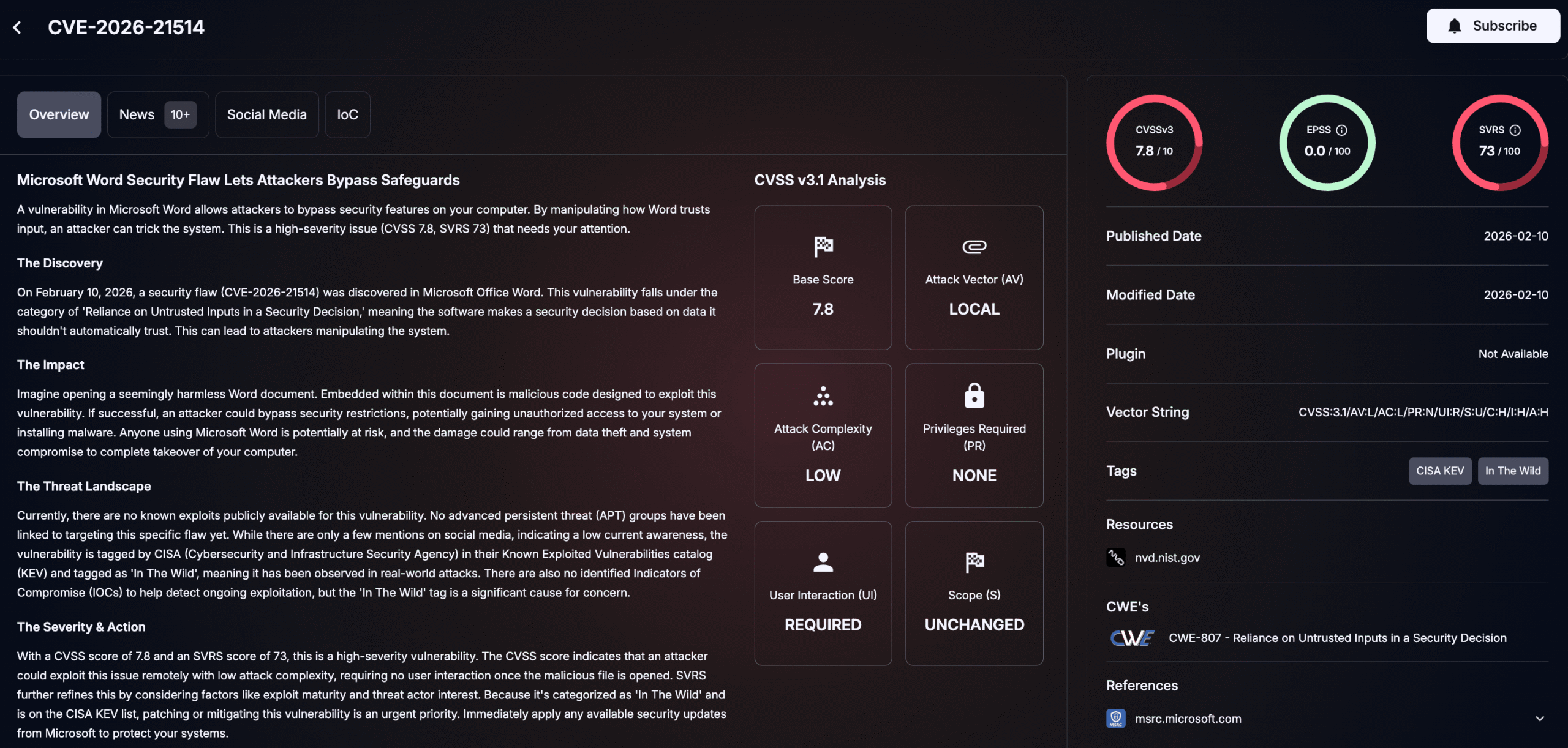 Details of CVE-2026-21514 (SOCRadar Vulnerability Intelligence)