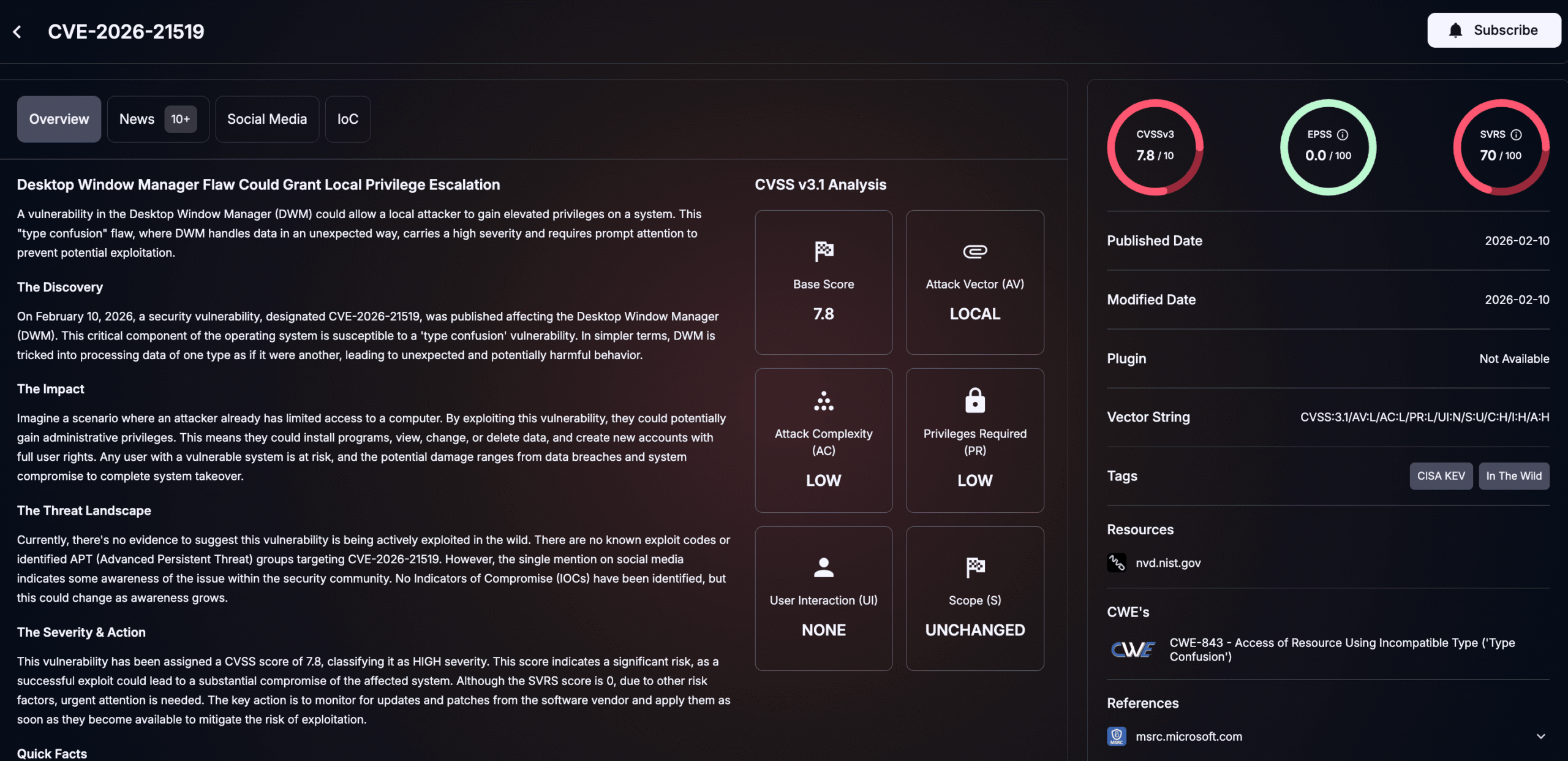 Details of CVE-2026-21519 (SOCRadar Vulnerability Intelligence)