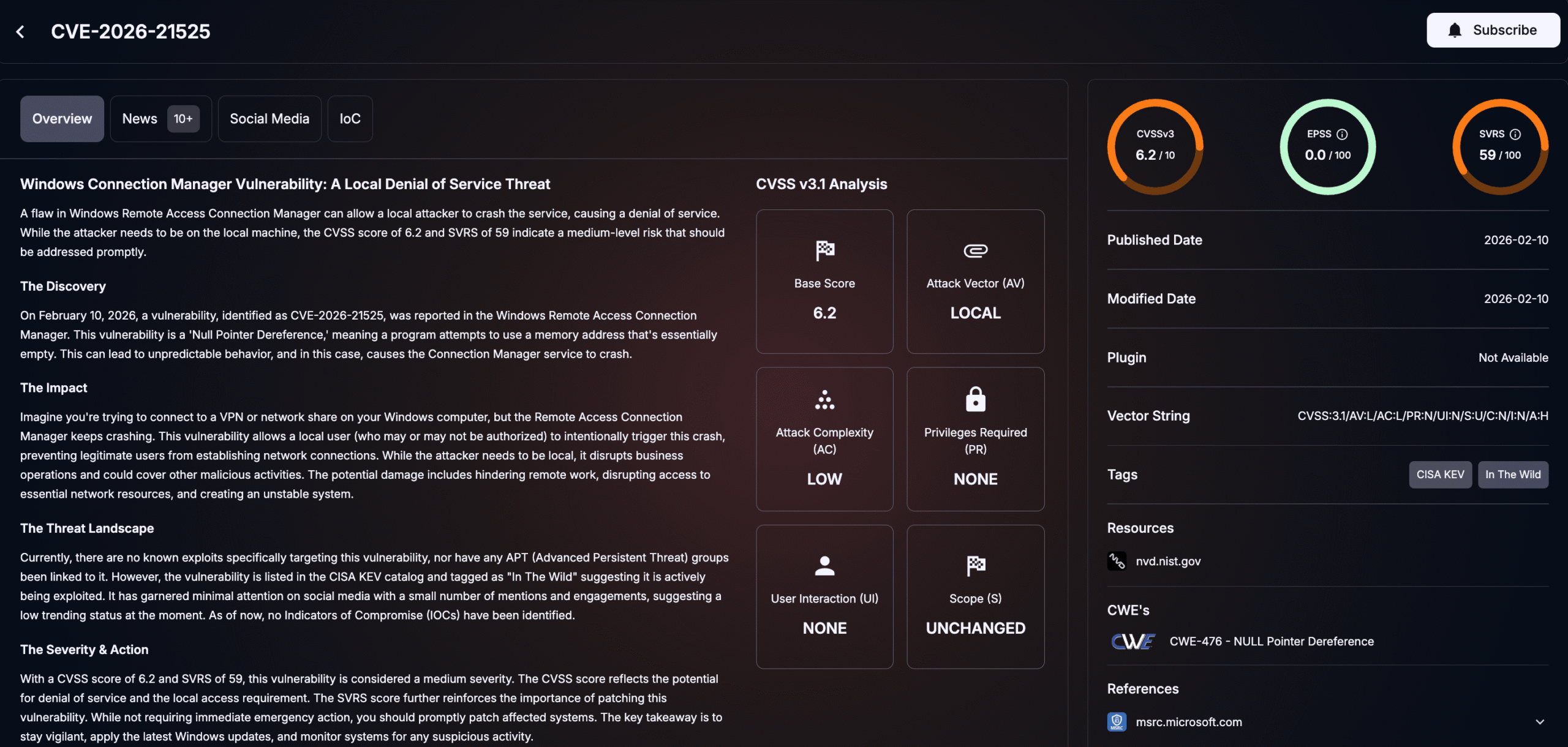 Details of CVE-2026-21525 (SOCRadar Vulnerability Intelligence)