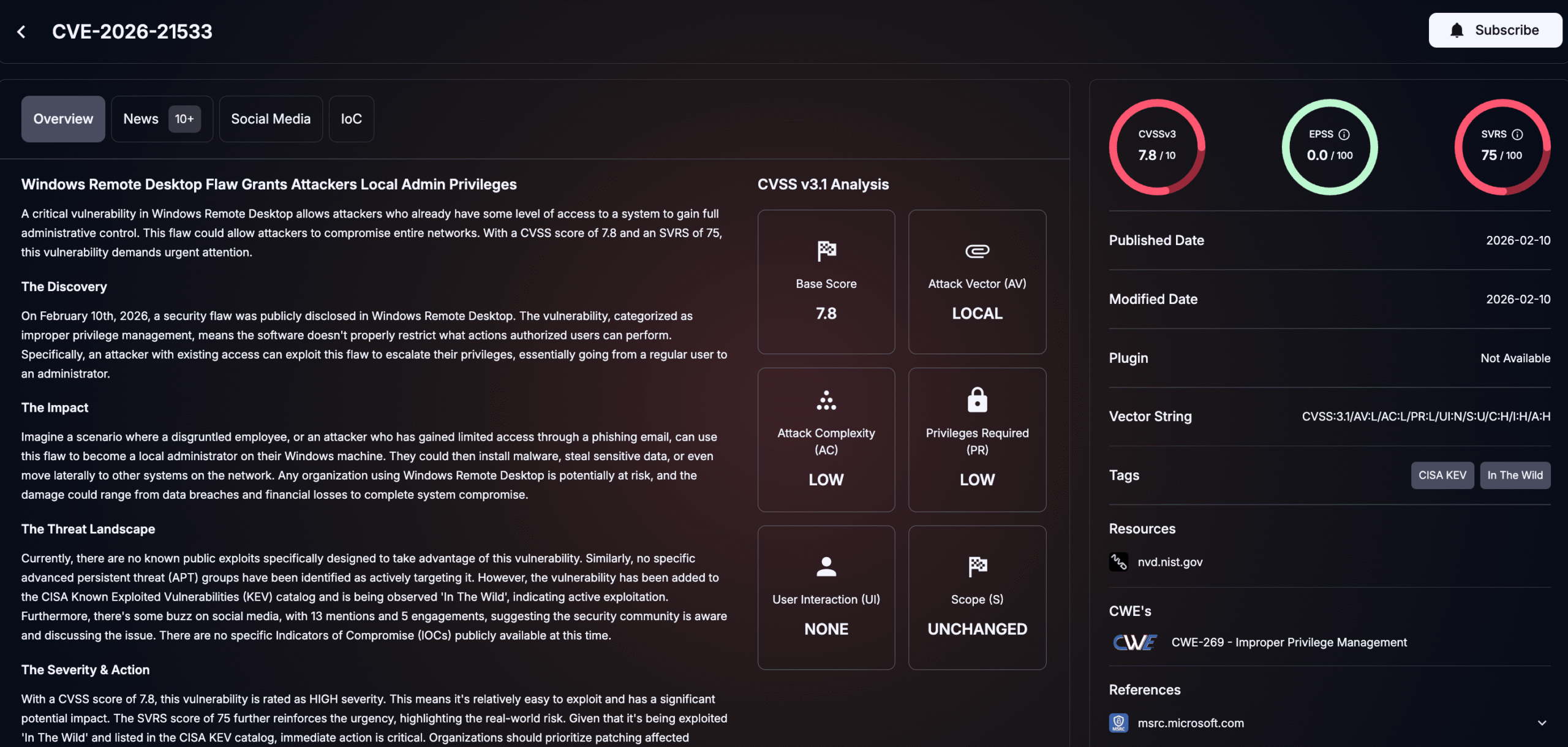 Details of CVE-2026-21533 (SOCRadar Vulnerability Intelligence)