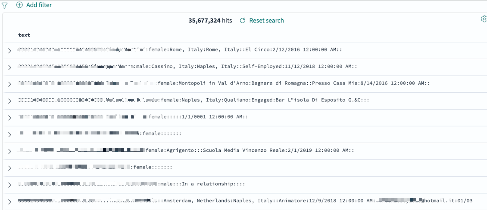Elasticsearch search result showing 35 million exposed records