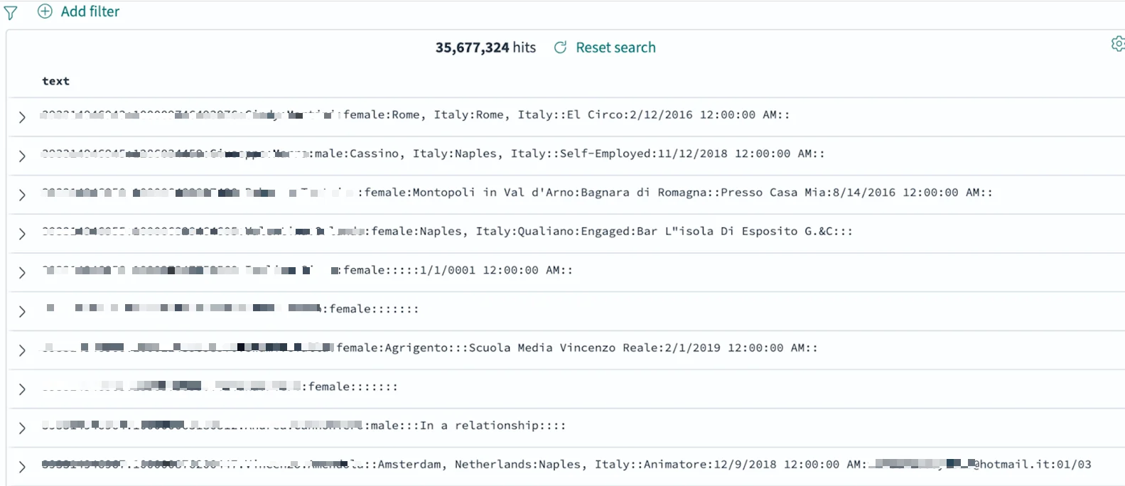 Elasticsearch search result showing 35 million exposed records