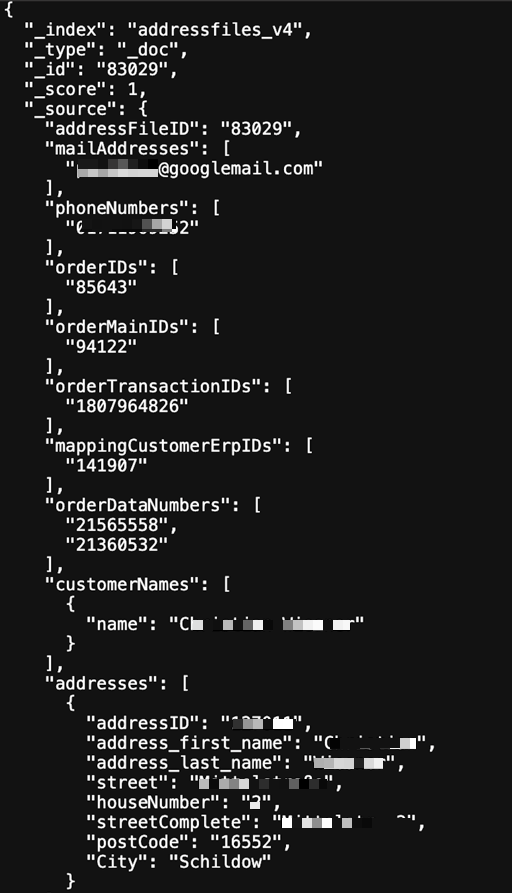JSON record showing exposed customer address and order details