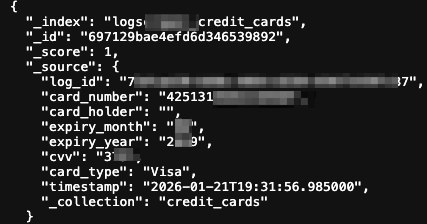 Sample JSON record showing exposed credit card information