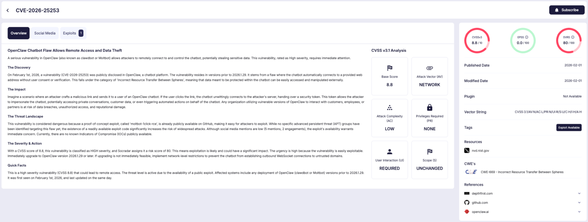 Details of CVE-2026-25253 (SOCRadar Vulnerability Intelligence)