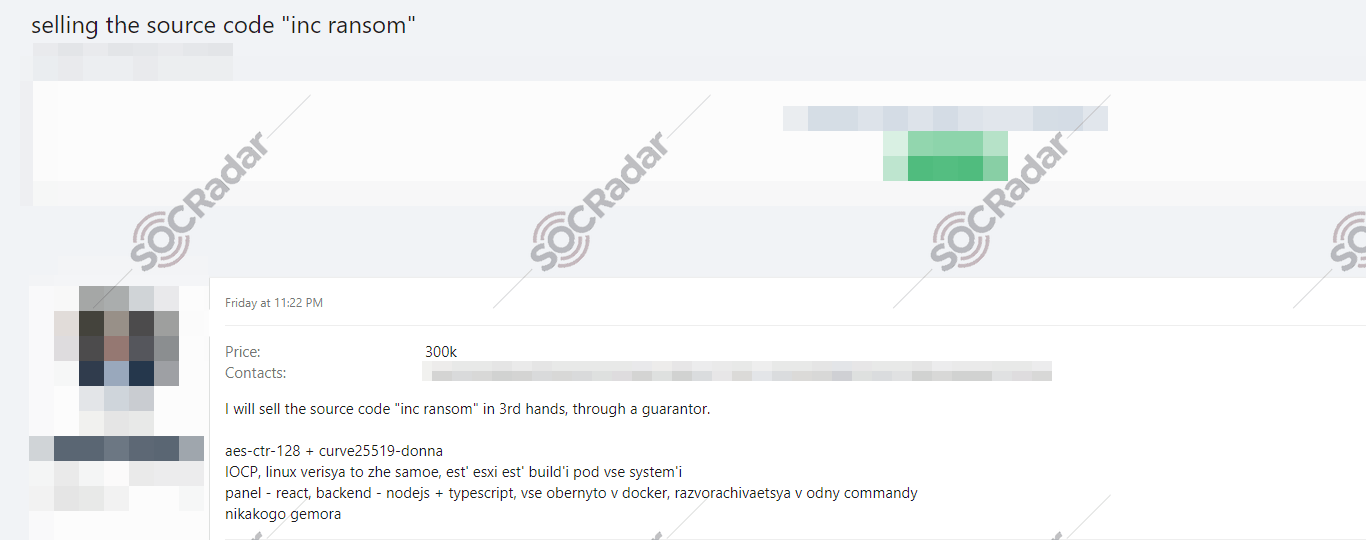INC Ransom source code sale on a Dark Web Forum, SOCRadar Dark Web Intelligence