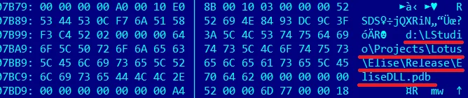 A hex editor screenshot shows hexadecimal bytes alongside ASCII text, highlighting the debug path “d:lstudioprojectslotuselisereleaseeliseDLL.pdb,” associated with the Lotus Blossom APT’s Elise codebase. (Source: Securelist)