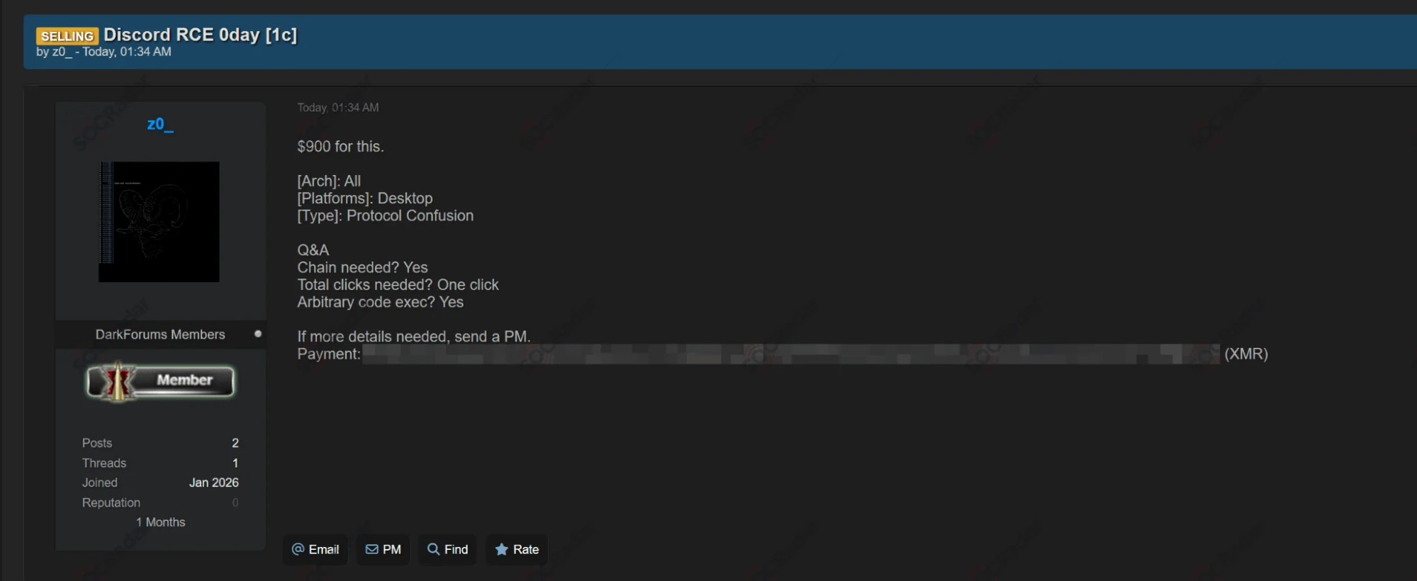Alleged Discord RCE 0-Day Exploit Sale