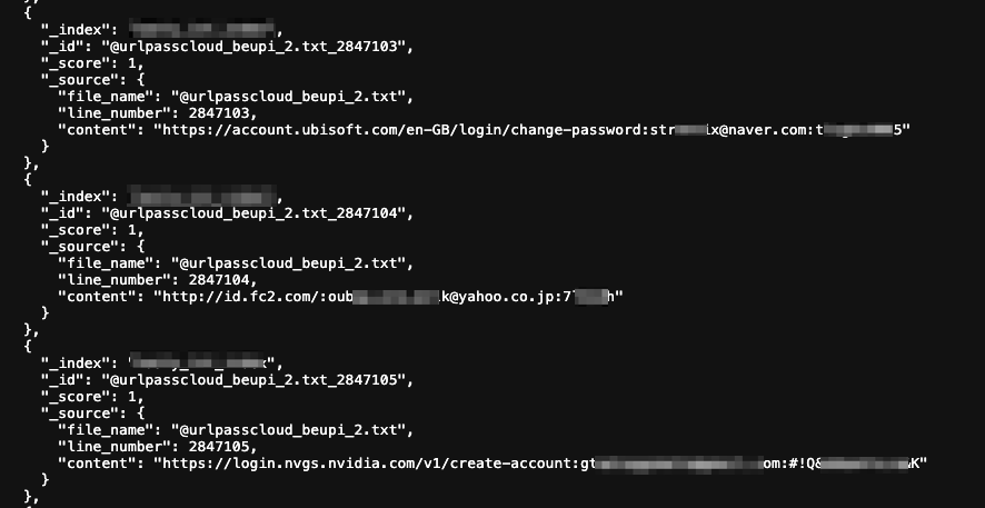 Sample JSON records showing URL:email:password structure