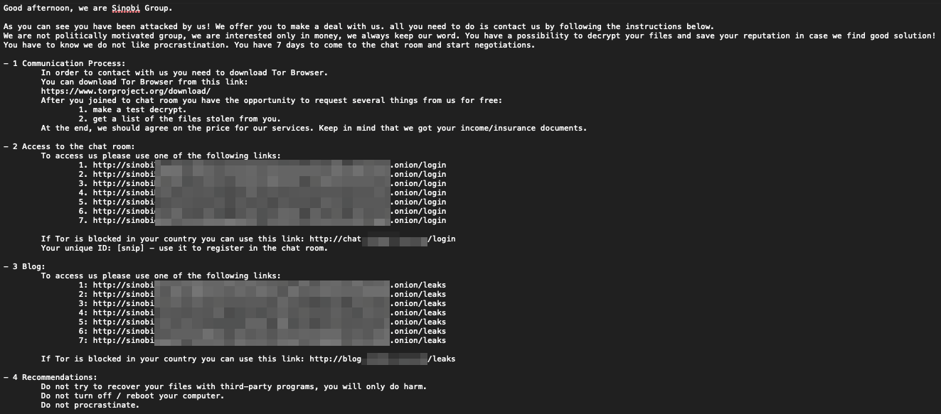Sinobi Ransomware Ransom Note (Source)
