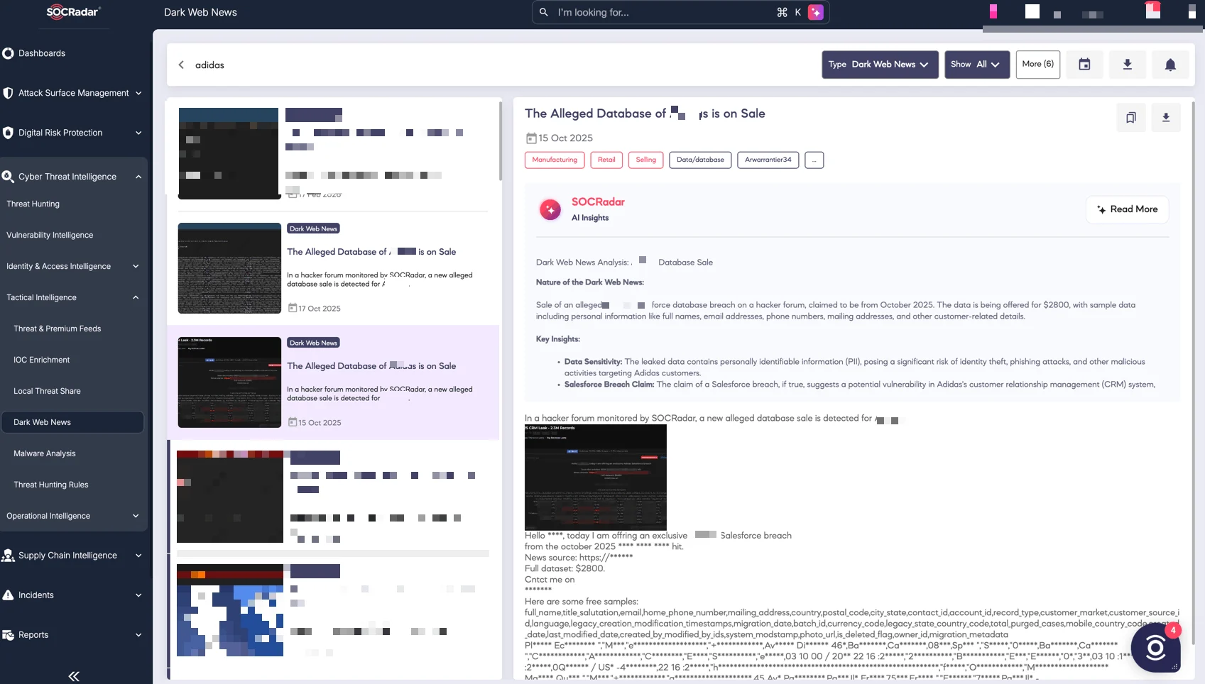 SOCRadar Dark Web News, October 15, 2025, shows the Salesforce-linked dataset offered for 2,800 USD and advertised as an exclusive breach.