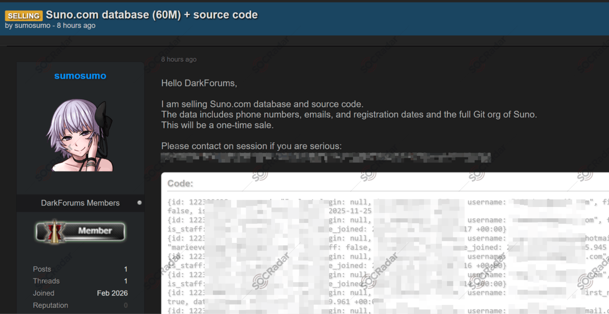 Alleged Database of Suno is on Sale