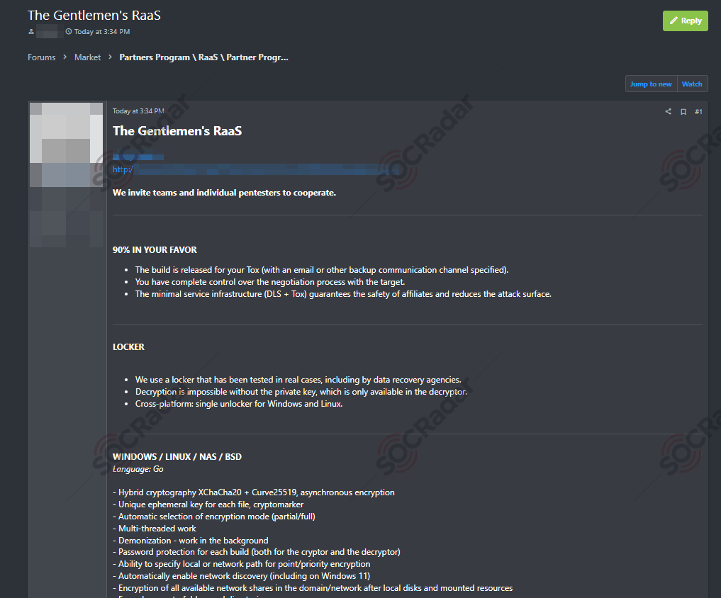 Dark Web forum post advertises The Gentlemen’s RaaS (SOCRadar Dark Web News)